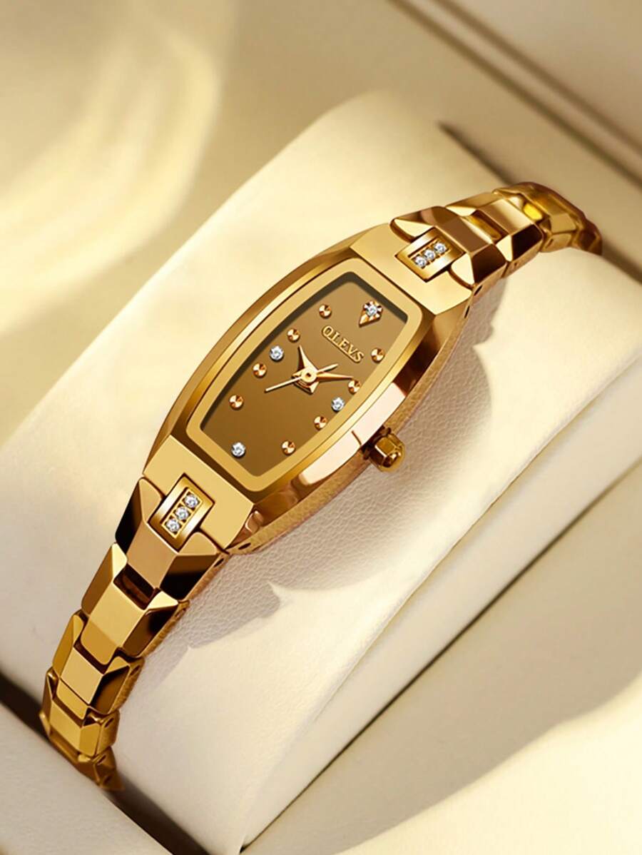1只女士金色手錶Olevs豪華優雅女用石英手錶，頂級品牌防水鎢鋼手錶，橢圓形鑽石設計，情人節禮物