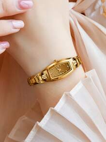 1只女士金色手錶Olevs豪華優雅女用石英手錶，頂級品牌防水鎢鋼手錶，橢圓形鑽石設計，情人節禮物