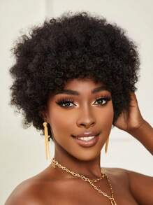 Tóc giả tổng hợp xoăn ngắn Afro có mái - màu đen - Xem 1