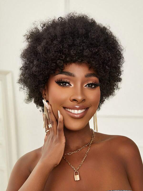 Afro Short Curly Synthetic Wig With Bangs SHEIN