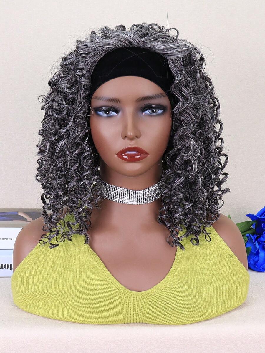 Short Curly Synthetic Wig With Headband - Grey - View 1