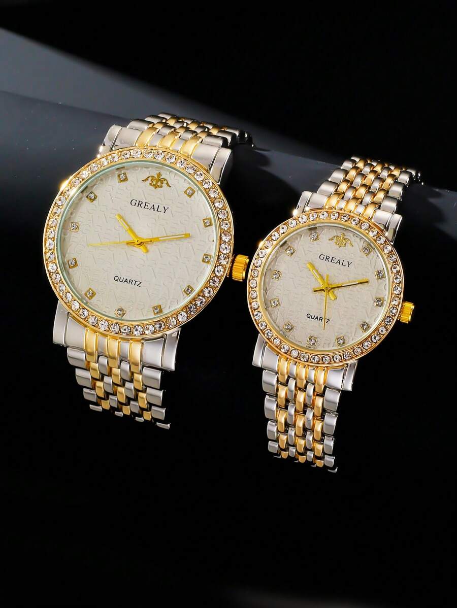 2入組情侶雙色鋅合金錶帶迷人水鑽刻度圓形錶盤石英手錶適合日常生活 - 金色 - 查看 1
