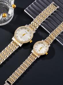 2入組情侶雙色鋅合金錶帶迷人水鑽刻度圓形錶盤石英手錶適合日常生活 - 金色 - 查看 3