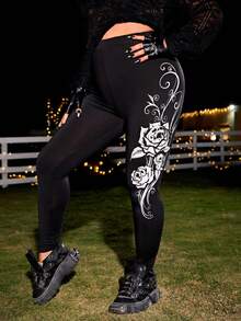 ROMWE PUNK 大碼骷髏和印花緊身打底褲 - 黑色 - 查看 5