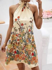 SHEIN VCAY Floral Print Halter Neck Dress - Multicolor - View 4