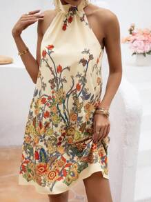 SHEIN VCAY Floral Print Halter Neck Dress - Multicolor - View 5