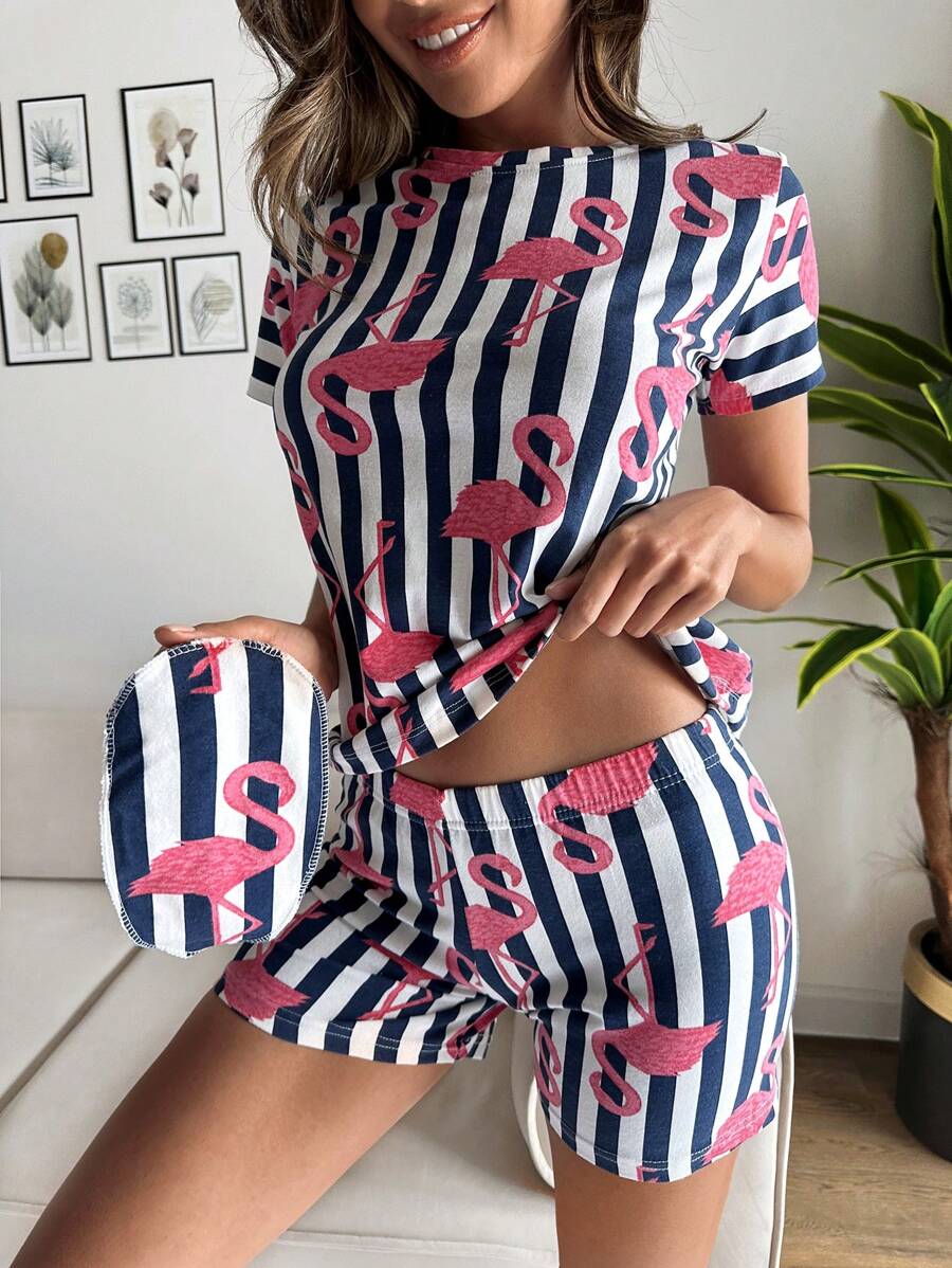 RueChic Striped & Flamingo Print PJ Set - Multicolor - View 1