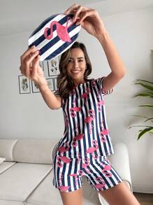 RueChic Striped & Flamingo Print PJ Set - Multicolor - View 4