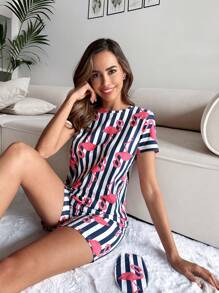 RueChic Striped & Flamingo Print PJ Set - Multicolor - View 5