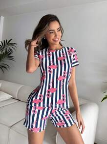 RueChic Striped & Flamingo Print PJ Set - Multicolor - View 6