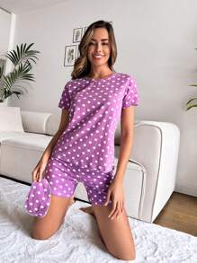 RueChic Polka Dot Print PJ Set - Purple - View 4