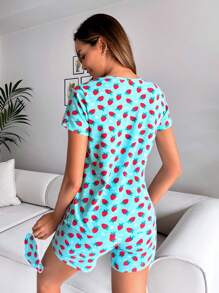 RueChic Allover Strawberry Print PJ Set - Mint Green - View 2