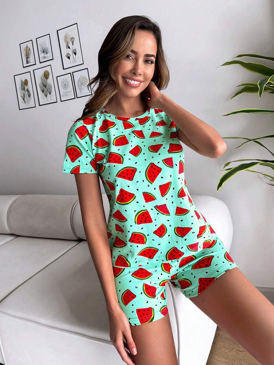RueChic Watermelon Print PJ Set - Mint Green - View 1