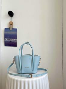 荔枝紋壓花水桶包帶內袋時尚字母圖案貝殼邊雙把手PU皮革 - 淺藍色 - 查看 5