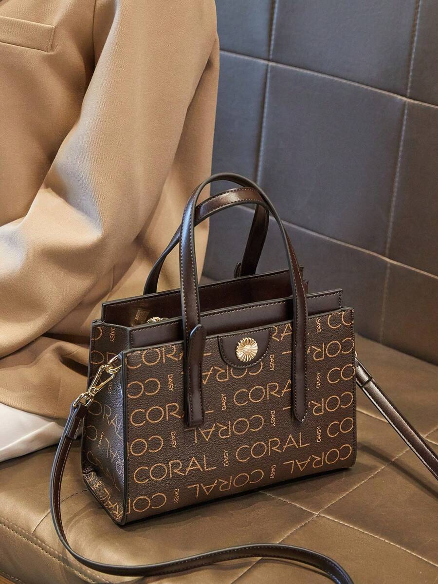 CORALDAISY Túi Xách Thời Trang Túi Đeo Vai Túi Messenger Nữ, Đồ Họa Chữ Cái Túi Hình Vuông Pu Thời Trang Tay Cầm Đôi - Cà phê nâu - Xem 1