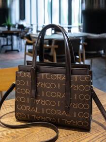 CORALDAISY Túi Xách Thời Trang Túi Đeo Vai Túi Messenger Nữ, Đồ Họa Chữ Cái Túi Hình Vuông Pu Thời Trang Tay Cầm Đôi - Cà phê nâu - Xem 2
