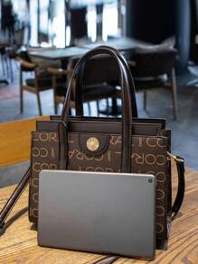 CORALDAISY Túi Xách Thời Trang Túi Đeo Vai Túi Messenger Nữ, Đồ Họa Chữ Cái Túi Hình Vuông Pu Thời Trang Tay Cầm Đôi - Cà phê nâu - Xem 5