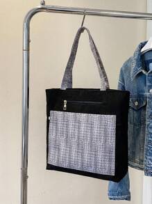 撞色單肩托特包格紋圖案滌綸 - 彩色 - 查看 1