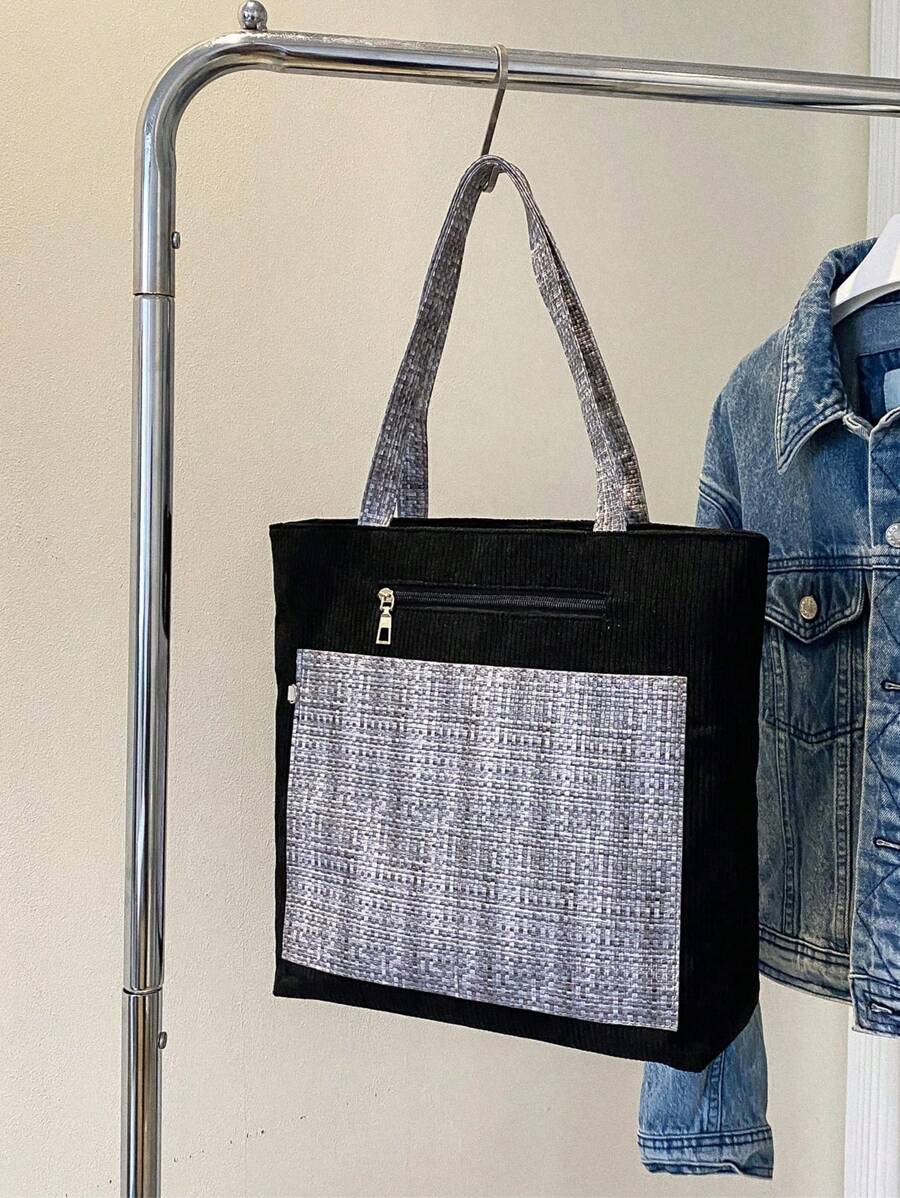 撞色單肩托特包格紋圖案滌綸 - 彩色 - 查看 1