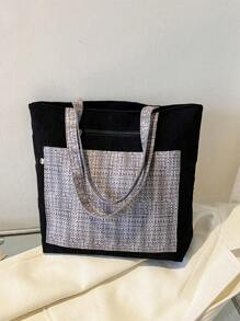 撞色單肩托特包格紋圖案滌綸 - 彩色 - 查看 2