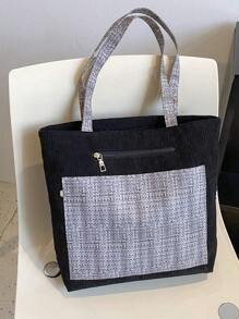 撞色單肩托特包格紋圖案滌綸 - 彩色 - 查看 3