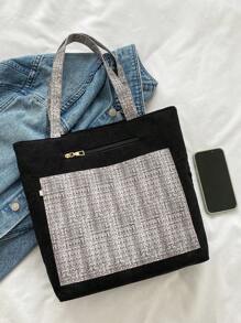 撞色單肩托特包格紋圖案滌綸 - 彩色 - 查看 5