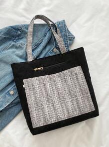 撞色單肩托特包格紋圖案滌綸 - 彩色 - 查看 6