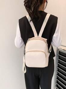 Mini Classic Backpack Minimalist Litchi Embossed PU - Beige - View 2
