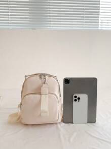 Mini Classic Backpack Minimalist Litchi Embossed PU - Beige - View 4