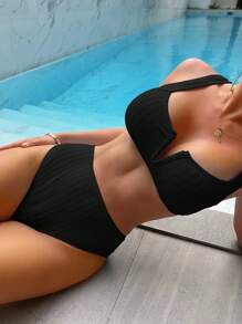 SHEIN Swim Summer Beach Plain High Waisted Bikini Set, Vacation Bikini - Black - View 1