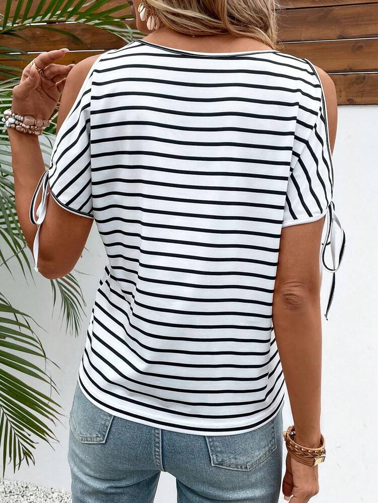 Striped Print Cold Shoulder Tee Graphic Tees Women Tops