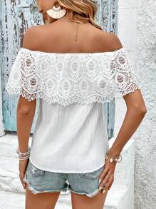 SHEIN VCAY Áo sơ mi nữ Tương phản ren màu trơn Boho - trắng - Xem 2