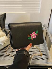 Túi vuông mini thêu hoa thời trang Chuỗi nắp Polyester - màu đen - Xem 3