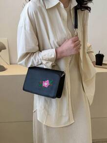 Túi vuông mini thêu hoa thời trang Chuỗi nắp Polyester - màu đen - Xem 5