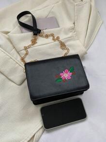Túi vuông mini thêu hoa thời trang Chuỗi nắp Polyester - màu đen - Xem 7