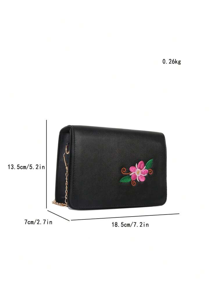 Mini Square Bag Fashionable Floral Embroidered Flap Chain Polyester