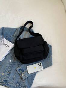 極簡郵差包大容量翻蓋 - 黑色 - 查看 7