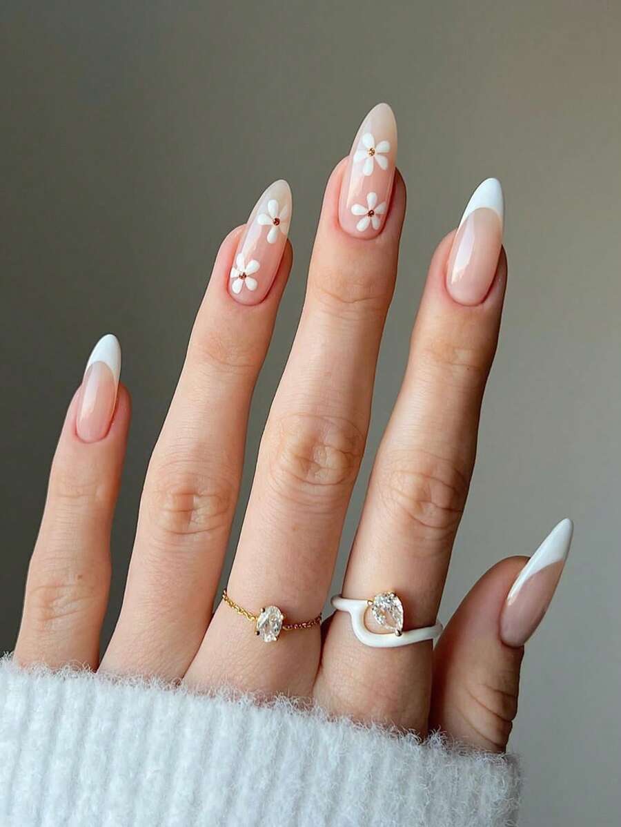 用24入組長杏仁白色法式花朵設計假指甲和1入組指甲銼和1張指甲膠帶升級您造型 - 彩色 - 查看 1