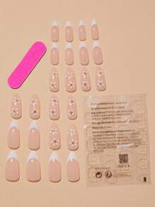 用24入組長杏仁白色法式花朵設計假指甲和1入組指甲銼和1張指甲膠帶升級您造型 - 彩色 - 查看 2