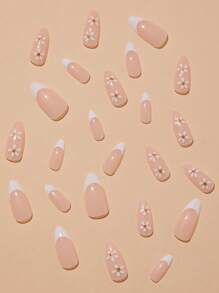 用24入組長杏仁白色法式花朵設計假指甲和1入組指甲銼和1張指甲膠帶升級您造型 - 彩色 - 查看 3