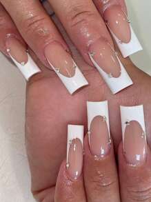 Transform Your Nails with 24pcs Long Coffin White French 3D Rhinestone Decor Fake Nail & 1pc Nail File & 1sheet Nail Tape - Multicolor - View 1