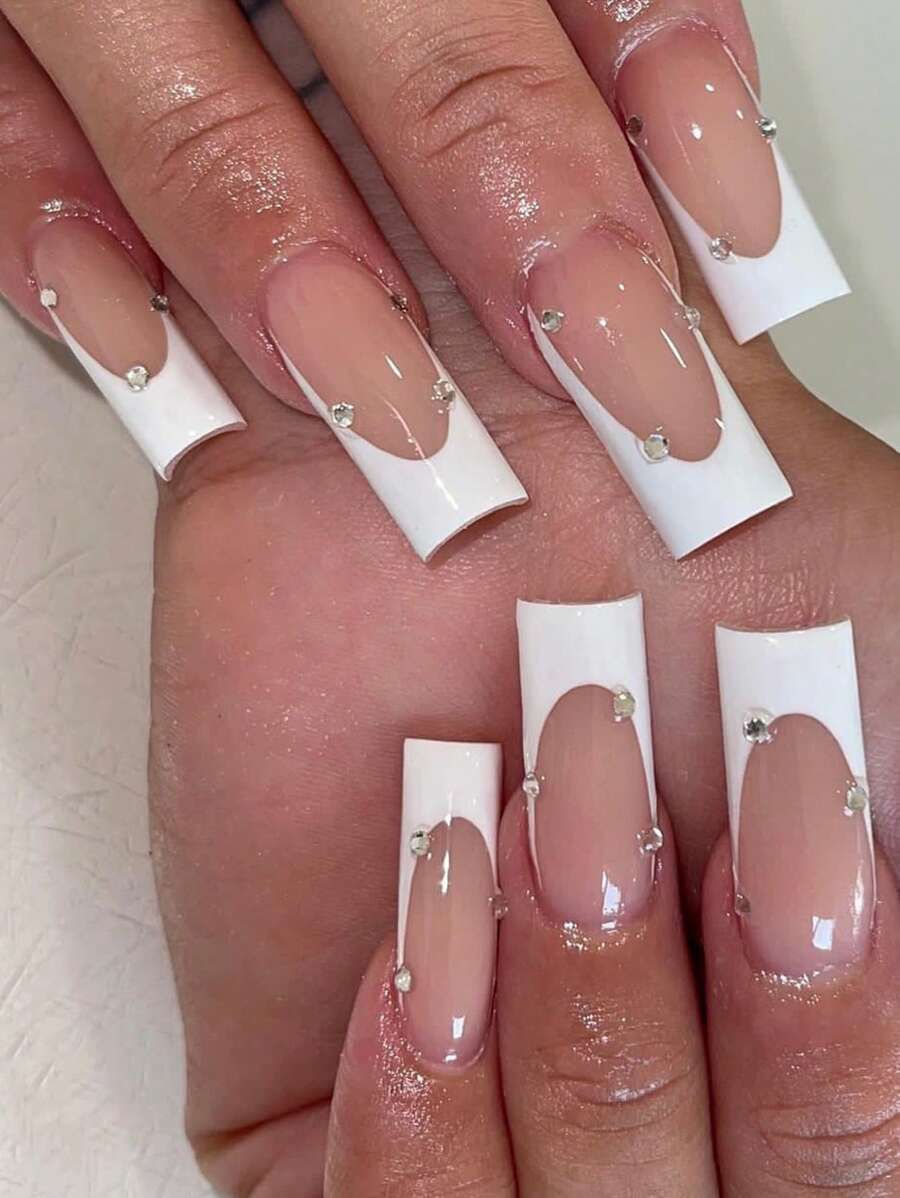 Transform Your Nails with 24pcs Long Coffin White French 3D Rhinestone Decor Fake Nail & 1pc Nail File & 1sheet Nail Tape - Multicolor - View 1