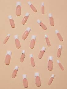 Transform Your Nails with 24pcs Long Coffin White French 3D Rhinestone Decor Fake Nail & 1pc Nail File & 1sheet Nail Tape - Multicolor - View 2