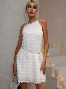 GENKIRA Solid Fuzzy Halter Neck Dress Without Belt - White - View 1