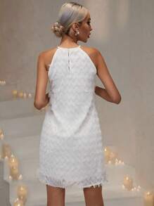 GENKIRA Solid Fuzzy Halter Neck Dress Without Belt - White - View 2