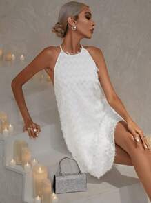 GENKIRA Solid Fuzzy Halter Neck Dress Without Belt - White - View 3