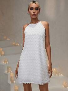 GENKIRA Solid Fuzzy Halter Neck Dress Without Belt - White - View 4