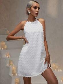 GENKIRA Solid Fuzzy Halter Neck Dress Without Belt - White - View 5