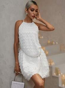 GENKIRA Solid Fuzzy Halter Neck Dress Without Belt - White - View 6