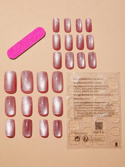 女性と女の子のためのカトアイエフェクトグロッシーフルカバーショートアーモンドフェイクネイル24pcsアクリルネイルチップ